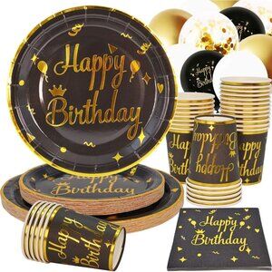 Black Happy Birthday Party Supplies for 25 Guests Gold Foil Paper Plates and Nap